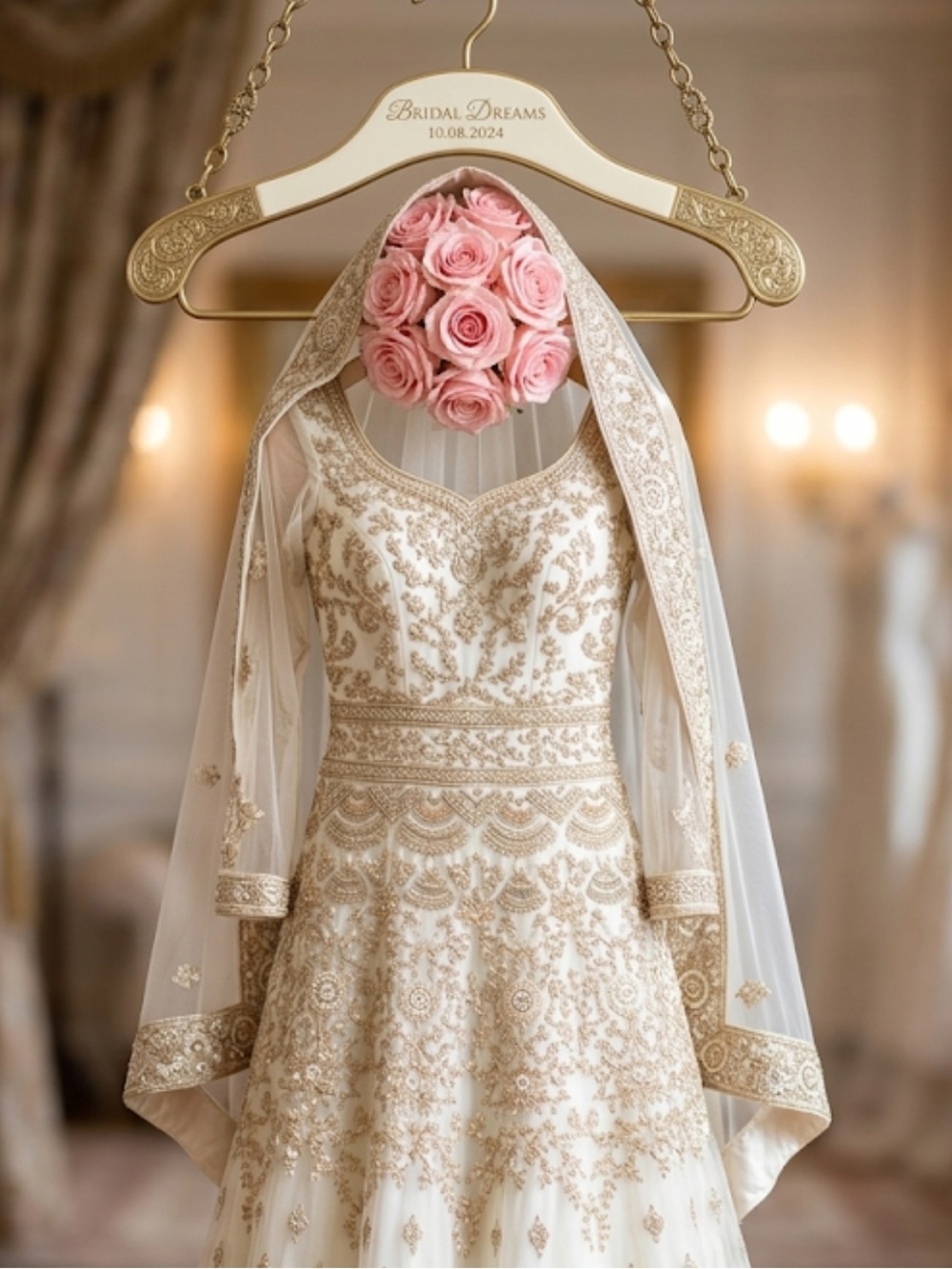 Boho Indo-Western Bridal Veil / Dupatta in Antique Gold and Ivory Tulle